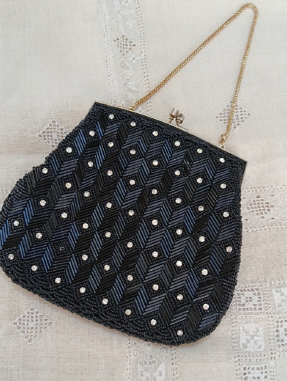 Vintage Hand-Beaded Black Chevron Evening Bag with Rhinestones